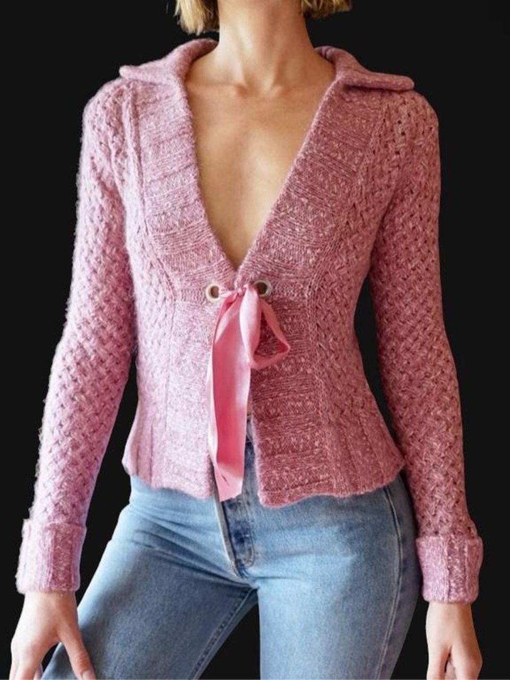 mac & jac Dusty Pink Knit V-Neck Tie-Front Sweater